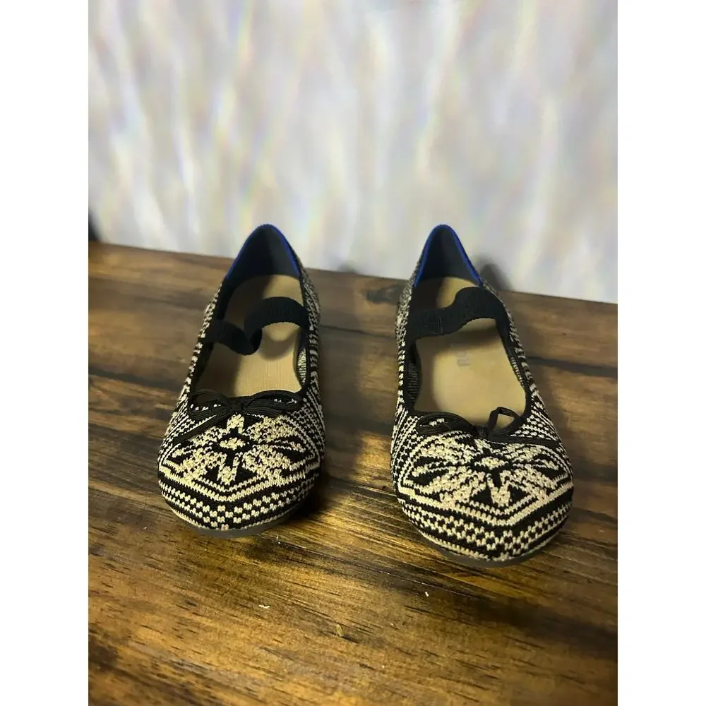 Rothy's Kids Sz 4 Bow Mary Jane Black & Cream Mosaic Pattern Back to School